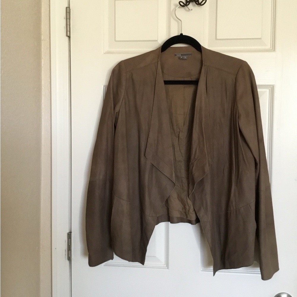 VINCE Leather Brown Draped Open Front Jacket M Medium $1095